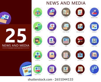 O conjunto de ícones arredondados de notícias e mídia contém âncora, jornalista, artigo, canal, entrevista, edição, nota, revista, banner, feed e muito mais. Vetor para UI, kit UX, jornalismo web e app, radiodifusão.