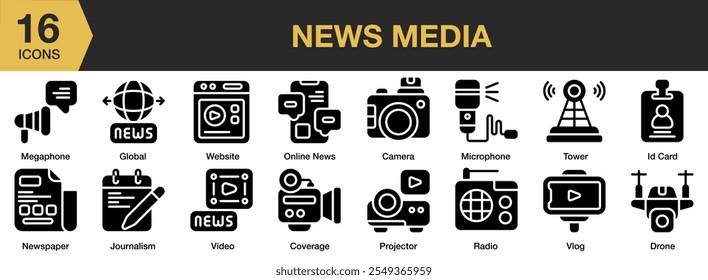 News Media solid icon set. Includes news, global, camera, online, journalism, newspaper, radio, microphone, and More. Solid icons vector collection.