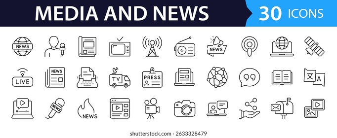 News media Web Icon Set in Line Style. Collection of Mass media Linear Icons, Including tv, radio, newspaper, magazine, news, broadcasting, press, interview, journalism and more. Editable Stroke