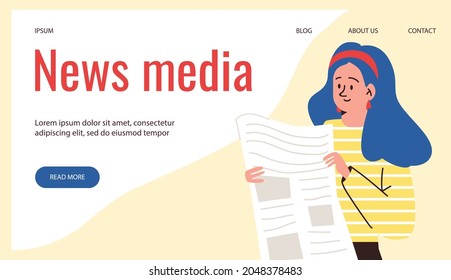 News media website banner template with woman reading newspaper, flat cartoon vector illustration. Landing web page for publishing news and mass media.