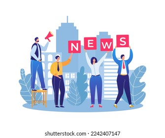 News with megaphone, loudspeaker concept vector illustration. Man woman character at message information announcement. Promotion media for marketing