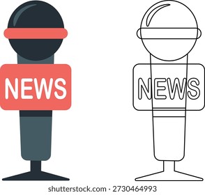 Ilustración vectorial de iconos de micrófono de Noticias en estilo plano y de contorno para periodismo, medios y diseño de radiodifusión