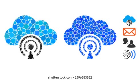 News mosaic of circle elements in various sizes and shades, based on news icon. Vector circle elements are organized into blue mosaic. Dotted news icon in usual and blue versions.