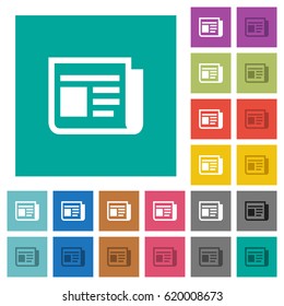 News multi colored flat icons on plain square backgrounds. Included white and darker icon variations for hover or active effects.