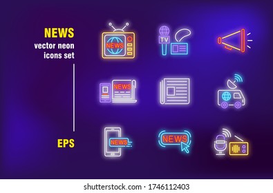 News neon signs set. TV broadcasting, radio, newspaper, gadget with internet, reporters, mass media. Night bright advertising. Vector illustration in neon style for banners, posters, flyers design