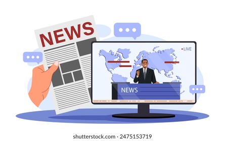 News and newspaper concept. Mass media and information sources. Hand with newspaper near screen with television show host. Cartoon flat vector illustration isolated on white background