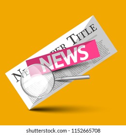 News - Newspapers Vector Symbol with Magnifying Glass on Yellow Background