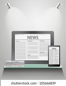 News on generic Tablet PC on shelves for exhibit. Vector illustration.