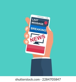 News on the smartphone. Reading news on mobile. News Feed on the screen. Smartphone in hand businessman. Vector illustration flat design.
