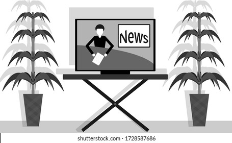 News on the TV, which stands on a table near the plants. Vector illustration in shades of grey, which are relevant to the pandemic, others the tragic news.