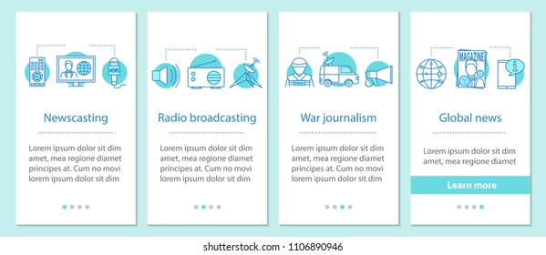 News onboarding mobile app page screen with linear concepts. Newscasting, radio broadcasting, war journalism, global news steps graphic instructions. UX, UI, GUI vector template with illustrations