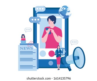 News, Online reading news.  big smartphone Reading news on mobile phone.  newspaper, news website. Vector illustration for web banner, infographics, mobile.