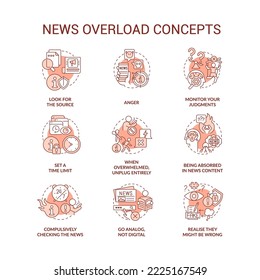 News Overload Red Concept Icons Set. Negative Effects Of Media. Information Explosion Idea Thin Line Color Illustrations. Isolated Symbols. Editable Stroke. Roboto-Medium, Myriad Pro-Bold Fonts Used