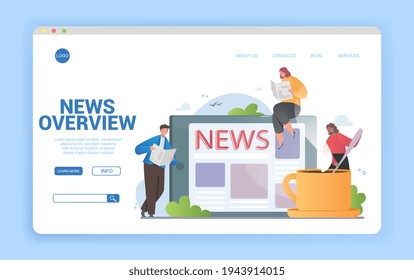 News Overview concept online and in print with people reading journals and an app while woman stirs coffee, colored vector design illustration for a website landing page
