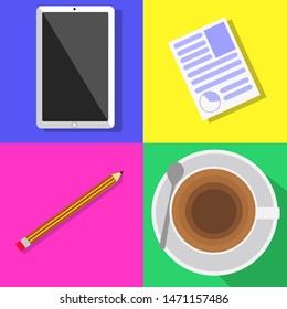 News page, chart, tablet with information, a cup of coffee in the morning