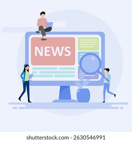 News page concept with characters. Using mobile phones, tablets and computers to read news. Illustrations in flat style for banners, websites, applications.