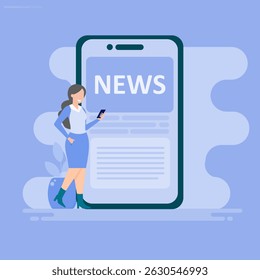 News page concept with characters. Using mobile phones, tablets and computers to read news. Illustrations in flat style for banners, websites, applications.