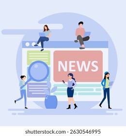 News page concept with characters. Using mobile phones, tablets and computers to read news. Illustrations in flat style for banners, websites, applications.