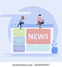 News page concept with characters. Using mobile phones, tablets and computers to read news. Illustrations in flat style for banners, websites, applications.