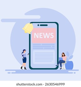 News page concept with characters. Using mobile phones, tablets and computers to read news. Illustrations in flat style for banners, websites, applications.