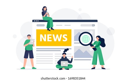 News page concept with people. Modern young men and women use smartphones to read news. Use mobile phones. tablet and laptop to read news. Vector flat concept illustration for banner, sites, apps.