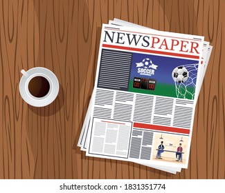 news paper communication and coffee cup in wooden background vector illustration design