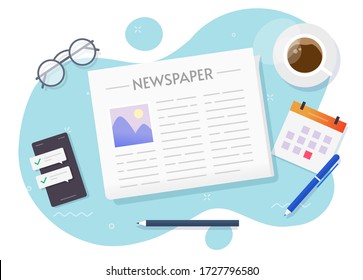 News paper newspaper reading vector above workplace table desk or daily newsletter press read top view flat cartoon illustration, concept of coffee break desktop or breakfast time modern design