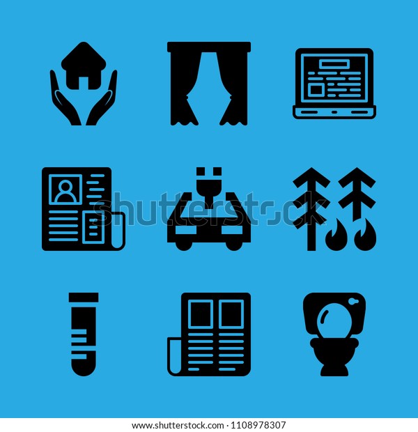 news paper, newspaper, toilet, home insurance, test\
tube, electric car, forest fire, curtains and laptop vector icon.\
Simple icons set
