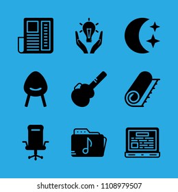 News Paper, Night, Responsible Energy Use, Chair, Laptop, Music Folder, Desk Chair, Carpet And Guitar Protector Vector Icon. Simple Icons Set