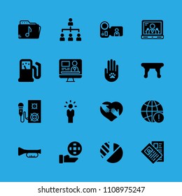 news paper, table, organization, speaker, pie chart, ecology, gas station, animal solidarity and worldwide vector icon. Simple icons set