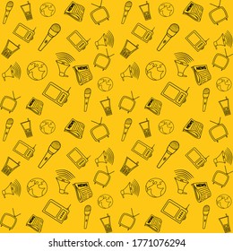 A news pattern consisting of a microphone, TV, radio, newspaper, phone, speaker, and planet. Vector pattern on an orange isolated background.