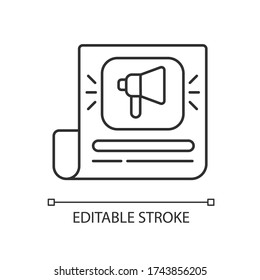 News pixel perfect linear icon. Page with announcement. Sheet of paper with loudspeaker sign. Thin line customizable illustration. Contour symbol. Vector isolated outline drawing. Editable stroke