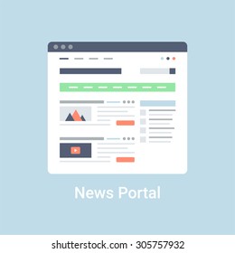 News portal website wireframe interface template. Flat vector illustration on blue background