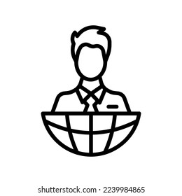 News presenter line icon. Man with a planet, news release, breaking news, hostess, broadcasting, television, social media, mass media. Service concept. Vector line icon on white background
