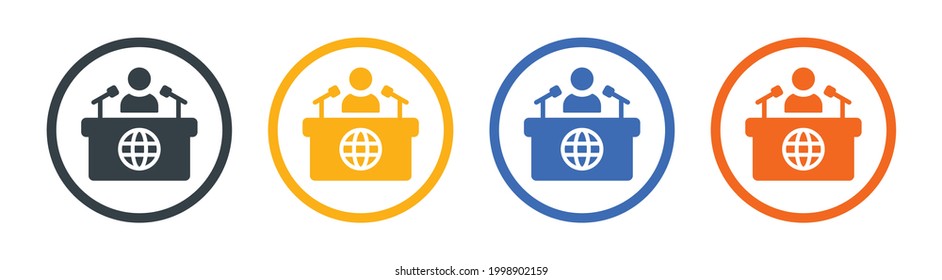 News presenter on TV Show vector icon. Conference icon with journalist sitting behind a desk with microphone symbol. International business meeting concept.