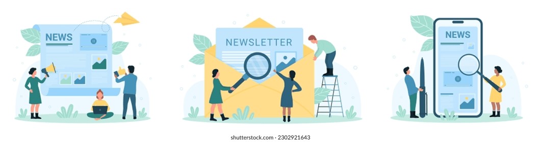 News, press release set vector illustration. Cartoon tiny people with magnifying glass and megaphone read news from paper letter in envelope, newspaper article, blogs feed on mobile phone screen