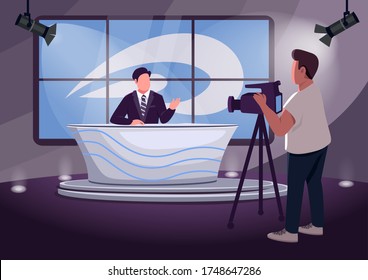 News production flat color vector illustration. Professional anchorman and cameraman 2D cartoon characters with studio on background. Preparation for newscast. Behind the scenes of news program