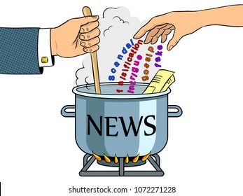 News production metaphor pop art retro vector illustration. Color background. Isolated image on white background. Comic book style imitation.