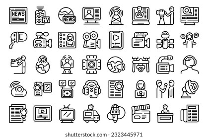 News production team icons set outline vector. Studio tv. Camera crew