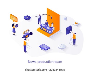 News Production Team Isometric Web Concept. People Conduct News Program, Record TV Shows On Cameras In Studio. Journalism And Mass Media Scene. Vector Illustration For Website Template In 3d Design