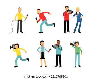 News Program Crew of Professional Cameraman and Journalist Creating TV Broadcast of Live Television Vector Set