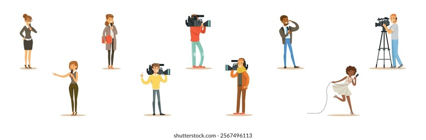 News Program Crew of Professional Cameraman And Journalist Vector Set