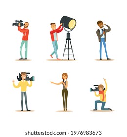 News Program Crew of Professional Cameramen and Journalists Creating TV Broadcast of Live Television Vector Set.