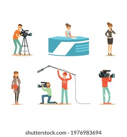 News Program Crew of Professional Cameramen and Journalists Creating TV Broadcast of Live Television Vector Set.
