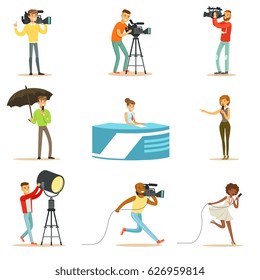 News Program Crew Of Professional Cameramen And Journalists Creating TV Broadcast Of Live Television Set Of Cartoon Characters