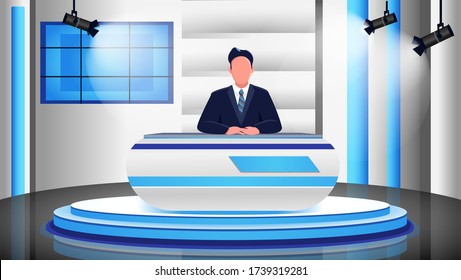 News Program Flat Color Vector Illustration. Male Newscaster, Newsreader, Anchorman 2D Cartoon Character With Studio On Background. Professional News Presenter In Spotlights. Television Broadcast