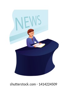 News Program Recording Flat Vector Illustration. News Reader. Shooting News Show In Studio. Newscaster In Business Suit. Television Show Recording In Professional Studio