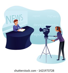 News Program Recording Flat Vector Illustration. News Reader And Camerawoman. Shooting News Show In Studio. Newscaster In Business Suit. Television Show Recording In Professional  Studio
