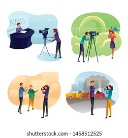 News program recording flat vector illustrations set. Journalist and cameraman. Live broadcasting, tv show recording. Press interview with people. Correspondents shooting breaking news in city