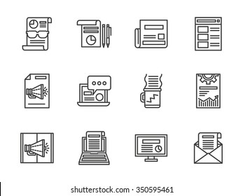 News publication, articles for advertising, email. Marketing services. Set of black simple line vector icons. Web design elements for business, website and mobile.